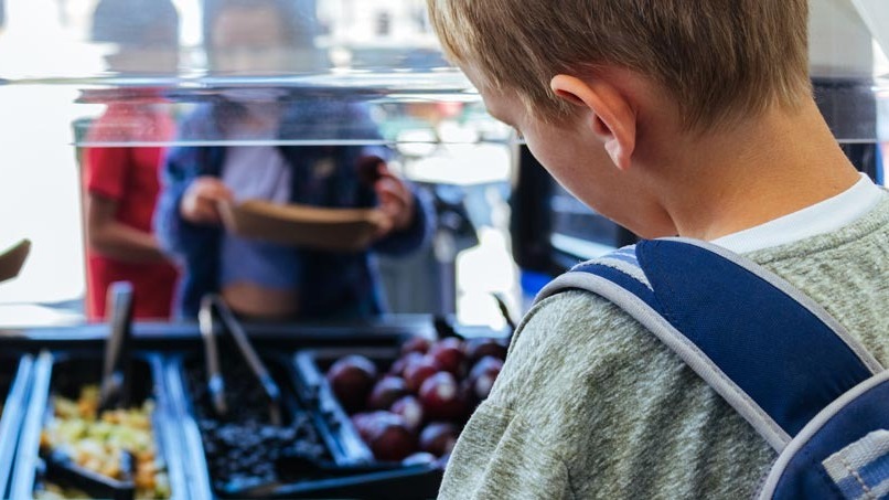 A boy standing in line at a fruit buffet