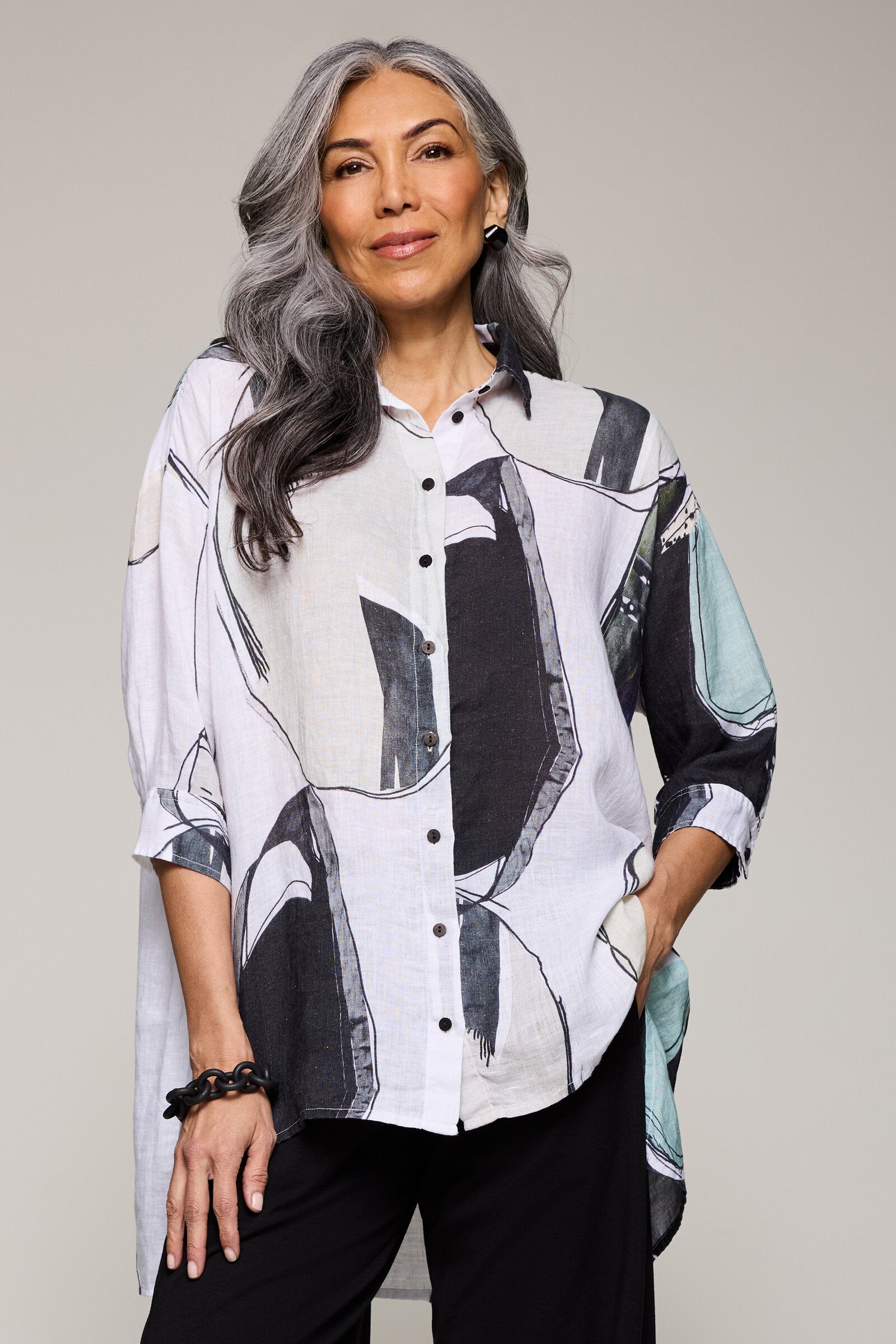 Image of Linen Adriana Tunic - White/Black/Seafoam