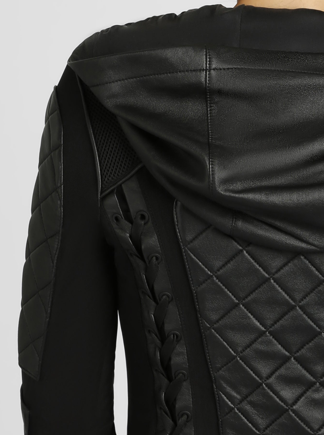 Image of Hooded Mesh Genuine Leather Moto Jacket