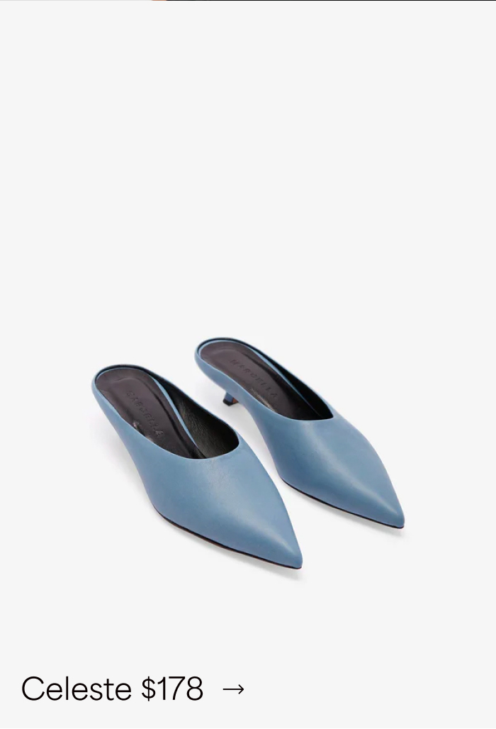 A pair of The Celeste Mules with low heels, labeled “Celeste $178.”