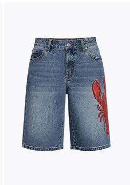 Lobster Embroidered Stretch Denim Shorts