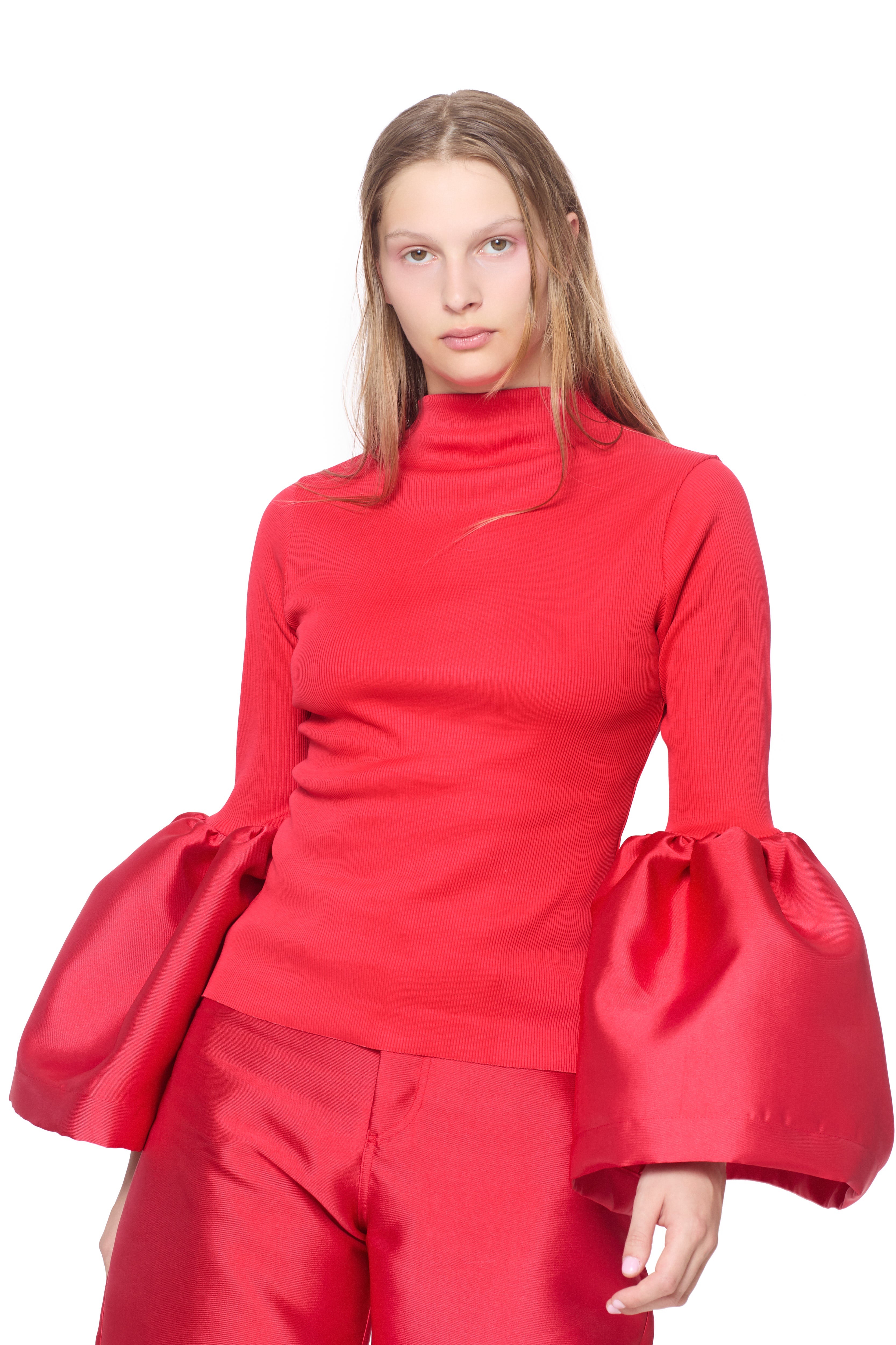 RED TURTLENECK PUFF SLEEVE TOP