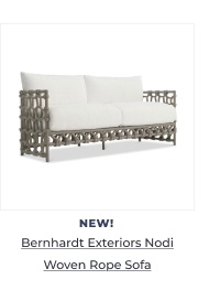Woven rope sofa with white cushions. Image Text: NEW! Bernhardt Exteriors Nodi Woven Rope Sofa