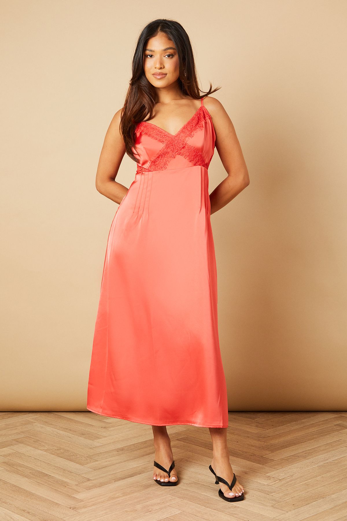 Petite Strappy Satin Lace Insert Midi Dress