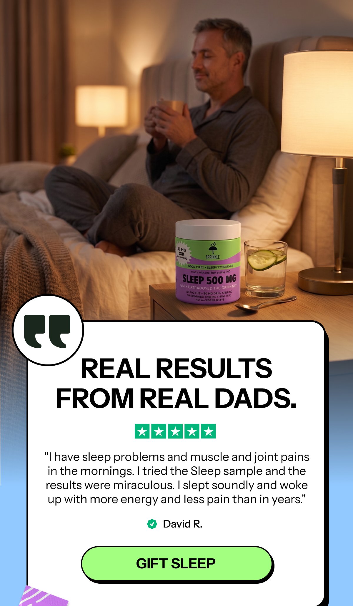 A man relaxing on a couch with a sleep supplement and a drink, sharing a testimonial about improved sleep.