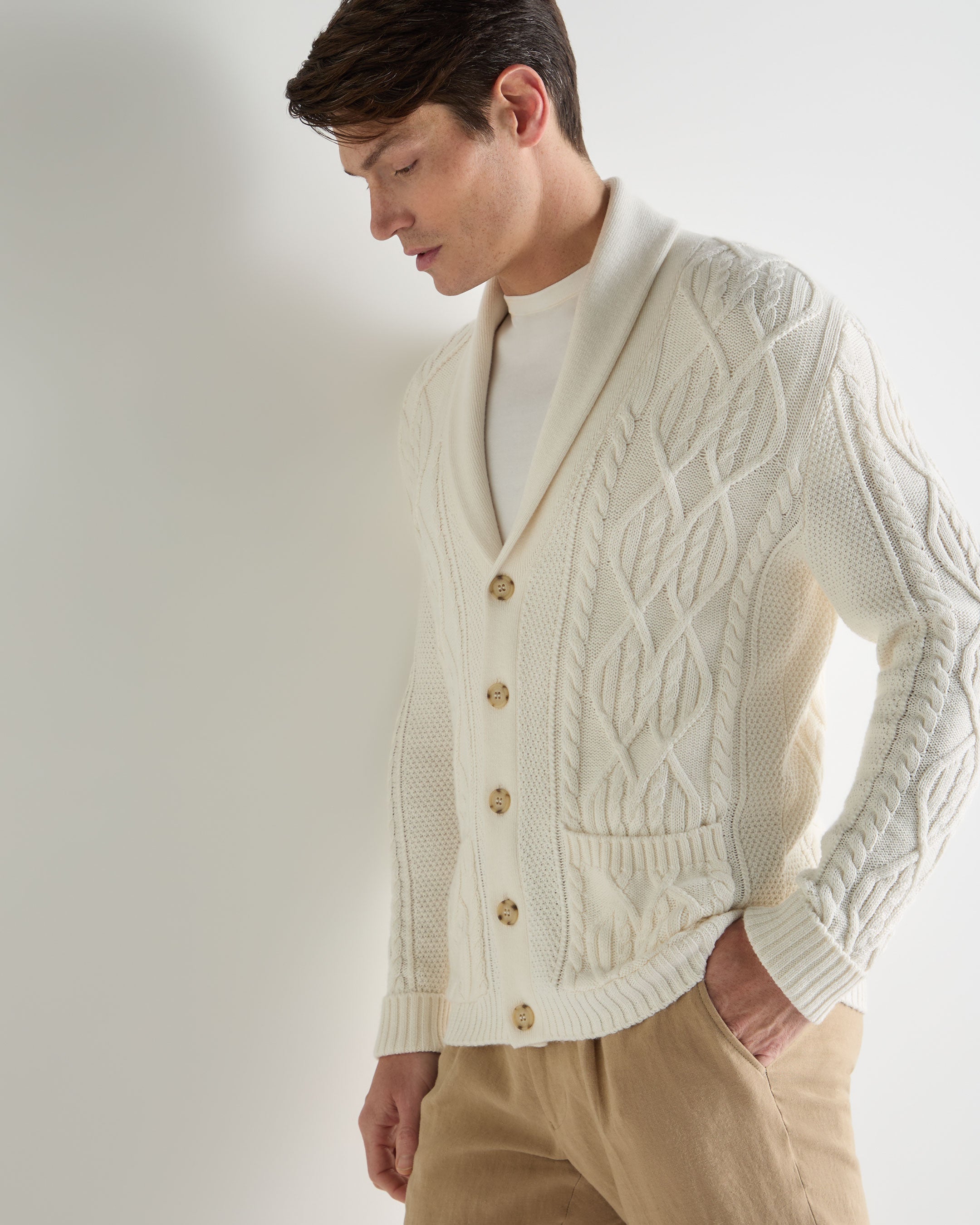 Image of Men's Cable Shawl Cotton Blend Cardigan New Ivory White