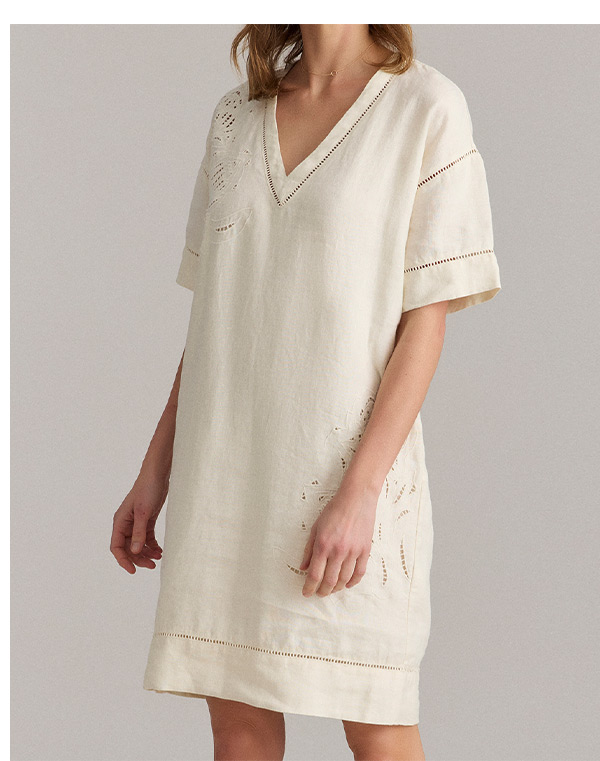 Linen Protea Eyelet Dress in White
