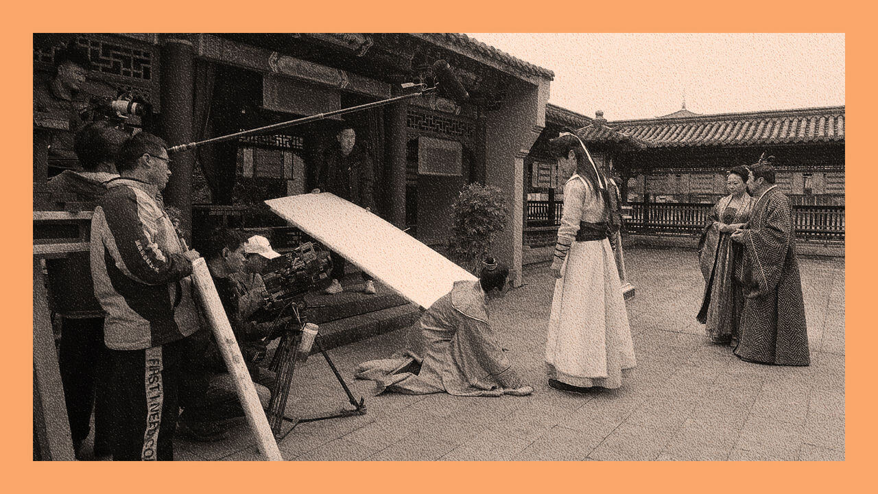 A general view of the shooting scene of an online mini costume drama at Hengdian World Studios.