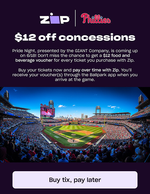 Pride Night, presented by the GIANT Company, is coming up on 6/18! Don't miss the chance to get a $12 food and beverage voucher for every ticket you purchase with Zip. Buy your tickets now and pay over time with Zip. You'll receive your voucher(s) through the Ballpark app when you arrive at the game.