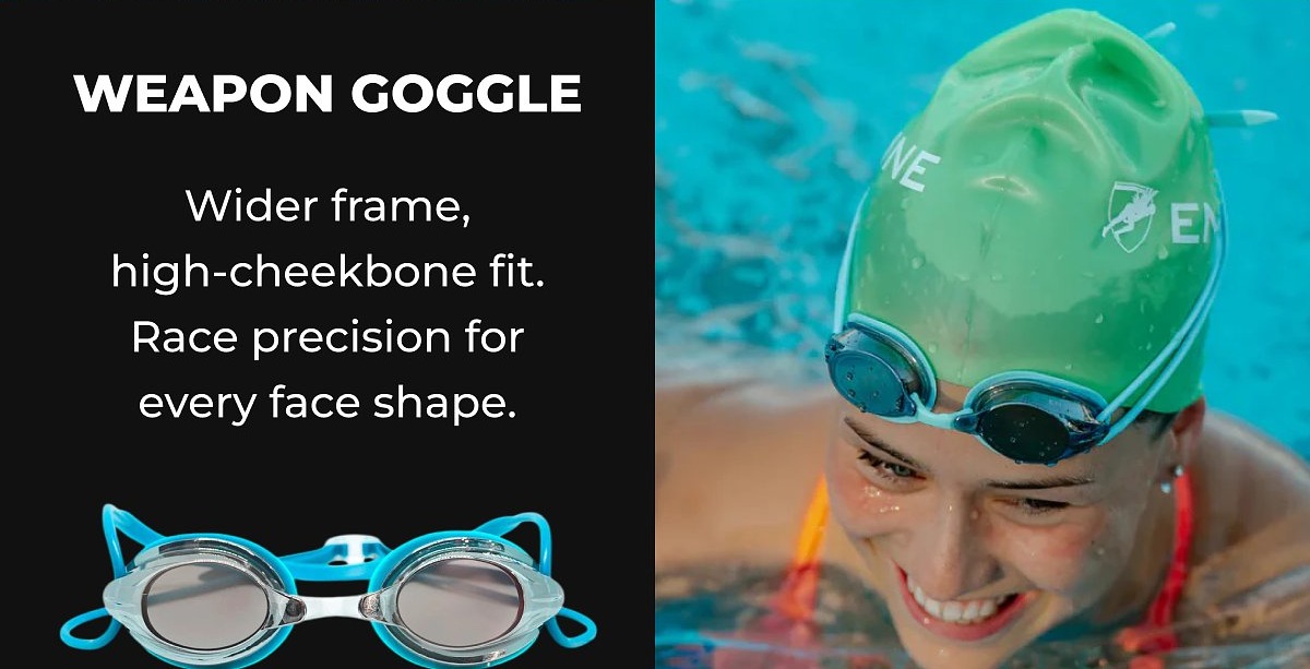 Wider frame weapon goggle for every face shape, featuring a swimmer wearing a green cap.