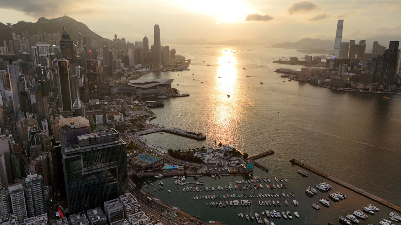 An aerial photo shows a view of Hong Kong Island.