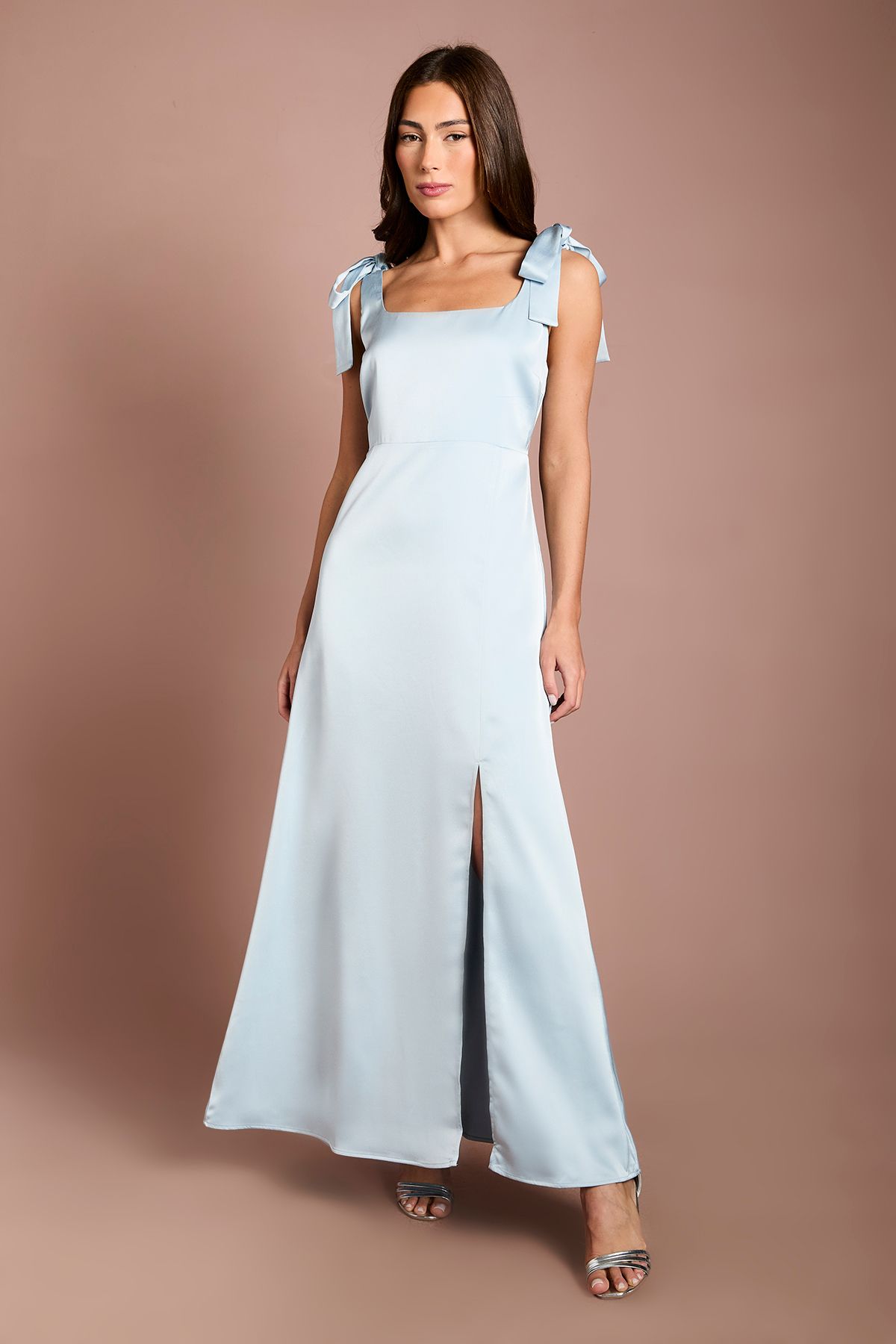 Light Blue Satin Tie Shoulder Midi Bridesmaid Dress