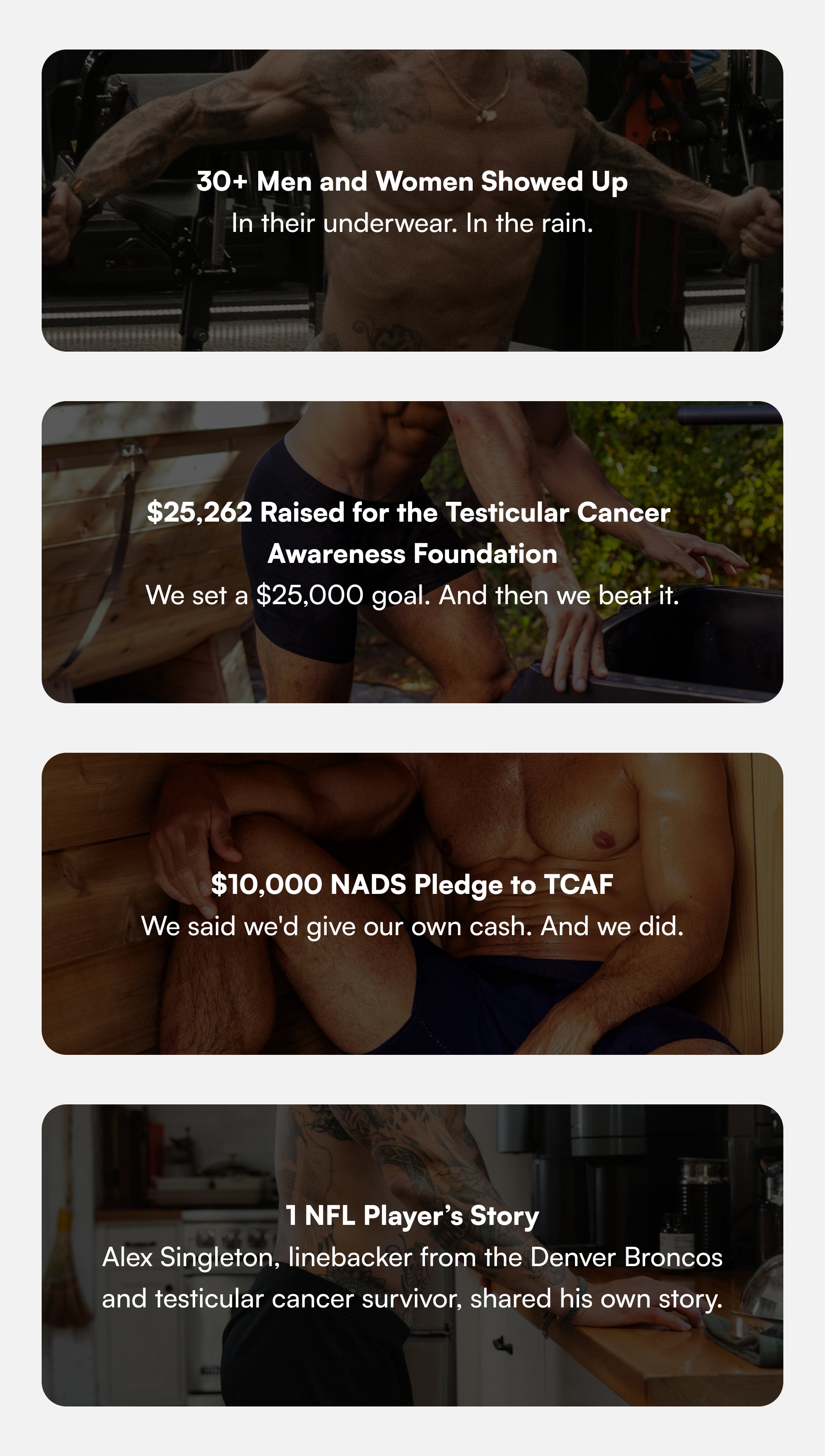 30+ Men and Women Showed Up In their underwear. In the rain. $25,262 Raised for the Testicular Cancer Awareness Foundation We set a $25,000 goal. And then we beat it. $10,000 NADS Pledge to TCAF We said we'd give our own cash. And we did. 1 NFL Player’s Story Alex Singleton, linebacker from the Denver Broncos and testicular cancer survivor, shared his own story.