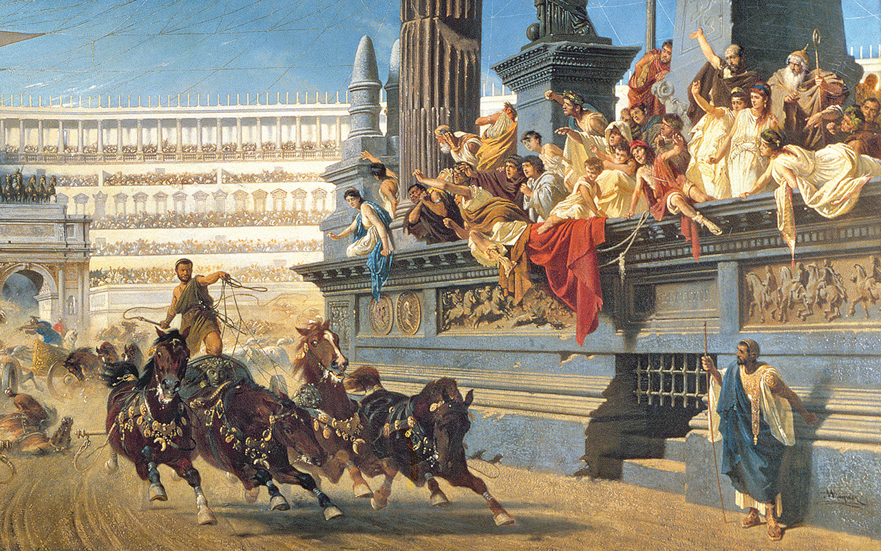 A chariot race in Rome’s Circus Maximus, depicted in a relief from the second century at Archaeological Museum of Colfiorito.   
