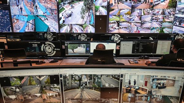 Employees work in the Smart Sampa monitoring center in São Paulo, Brazil.