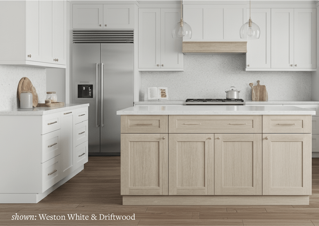 Kitchen with Weston White and Driftwood cabinets