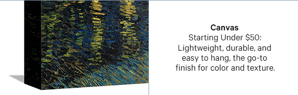 Canvas – Starting Under $50: Lightweight, durable, and easy to hang, the go-to finish for color and texture.