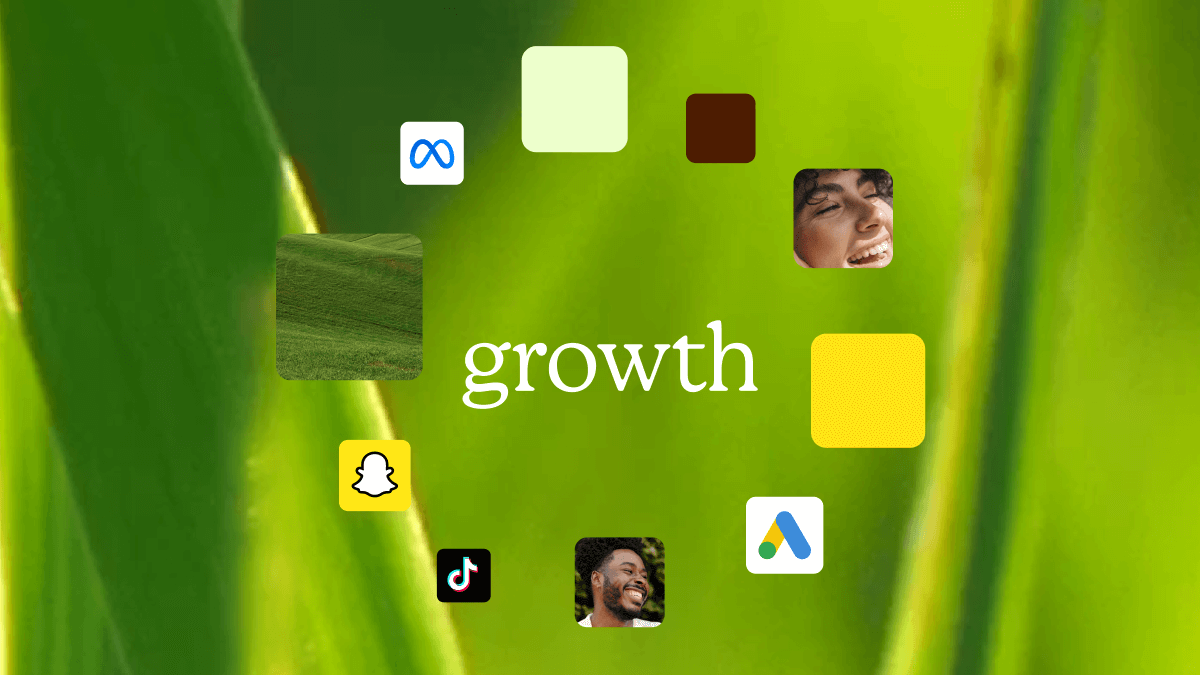 The word 'growth' floats over an image of a blade of grass, surrounded by logos of social media companies and faces of happy customers.