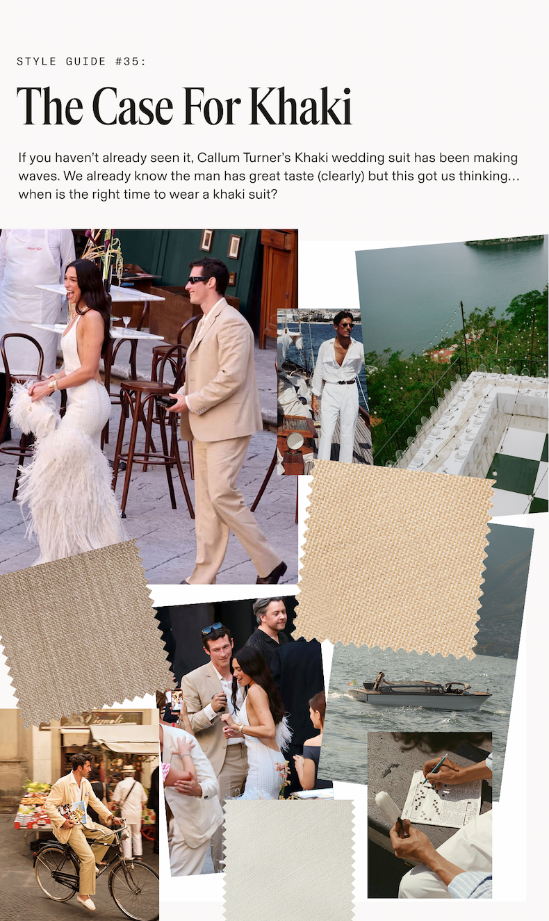 Style guide mood board collage featuring candid and editorial photos of men and women in khaki and neutral outfits at outdoor events, alongside fabric swatches in cream and tan. STYLE GUIDE #35: The Case For Khaki. If you haven't already seen it, Callum Turner's Khaki wedding suit has been making waves. We already know the man has great taste (clearly) but this got us thinking… when is the right time to wear a khaki suit?