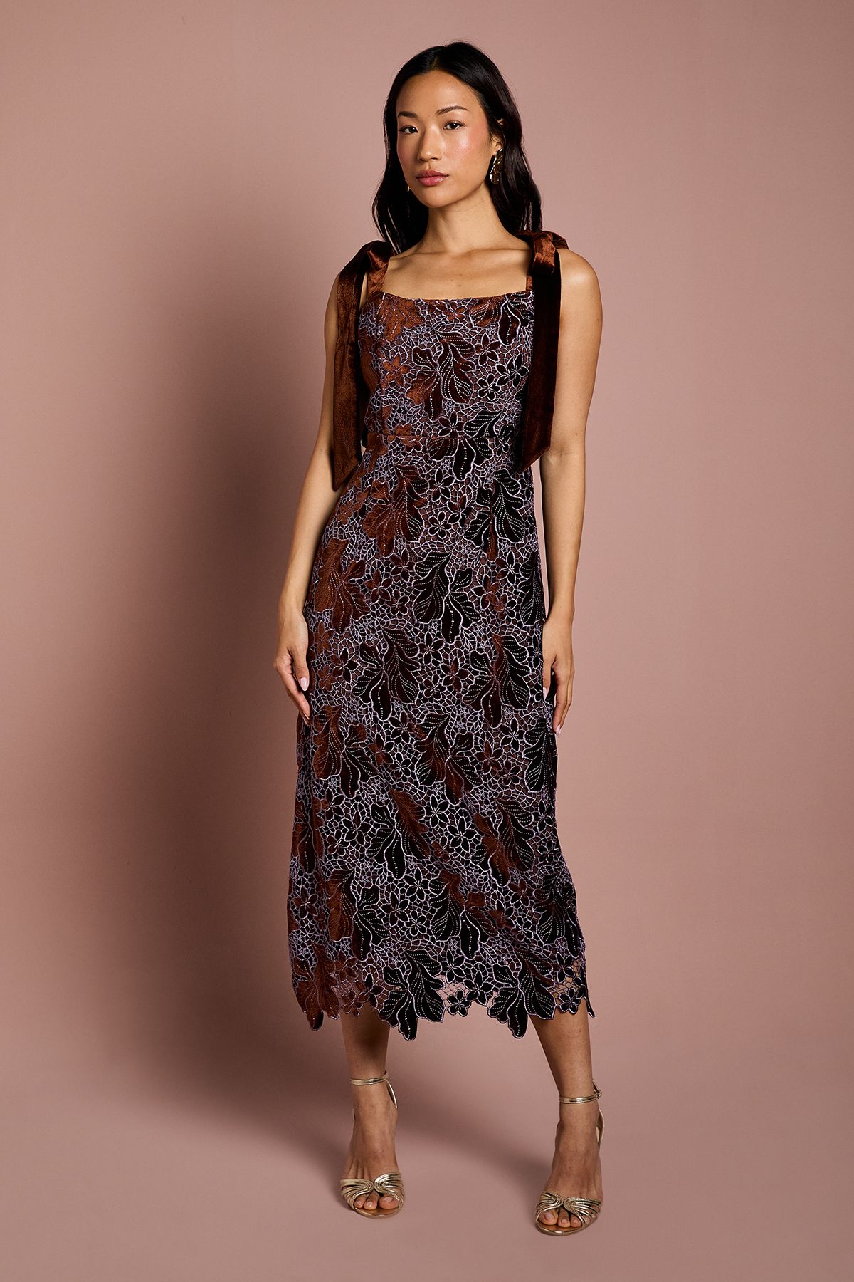 Cut Out Velvet Lace Tie Shoulder Column Midi Dress