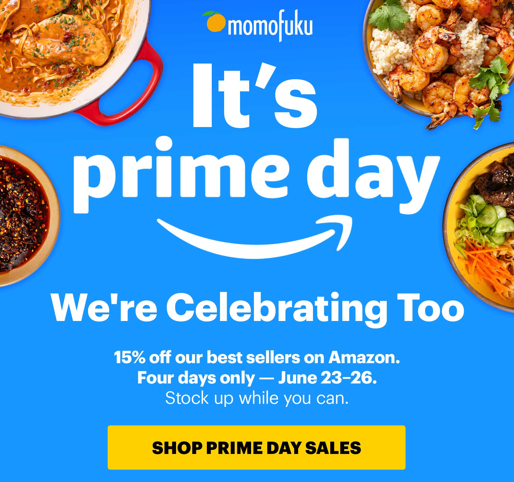 Header: It's PRIME DAY Sub-header: We're celebrating too CTA: SHOP PRIME DAY SALES