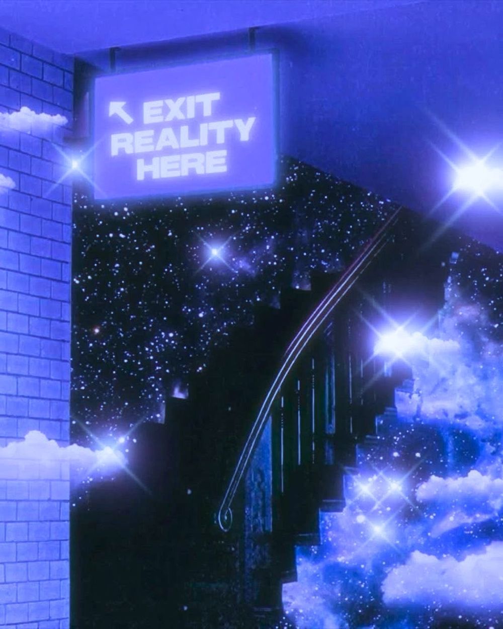 Everything is tinted blue. A staircase rises among sparkling stars and clouds. A sign at the top left with an arrow says: Exit Reality Here. 