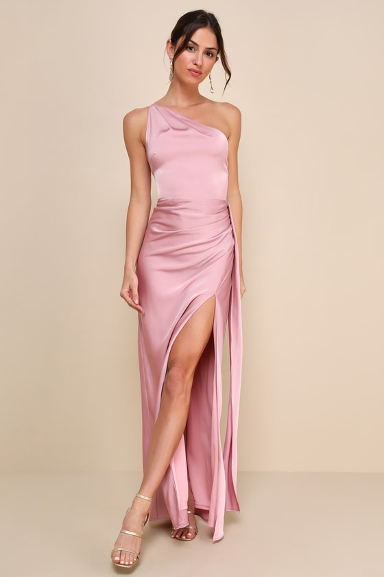 Image of Signature Elegance Rose Satin One-Shoulder Maxi Dress