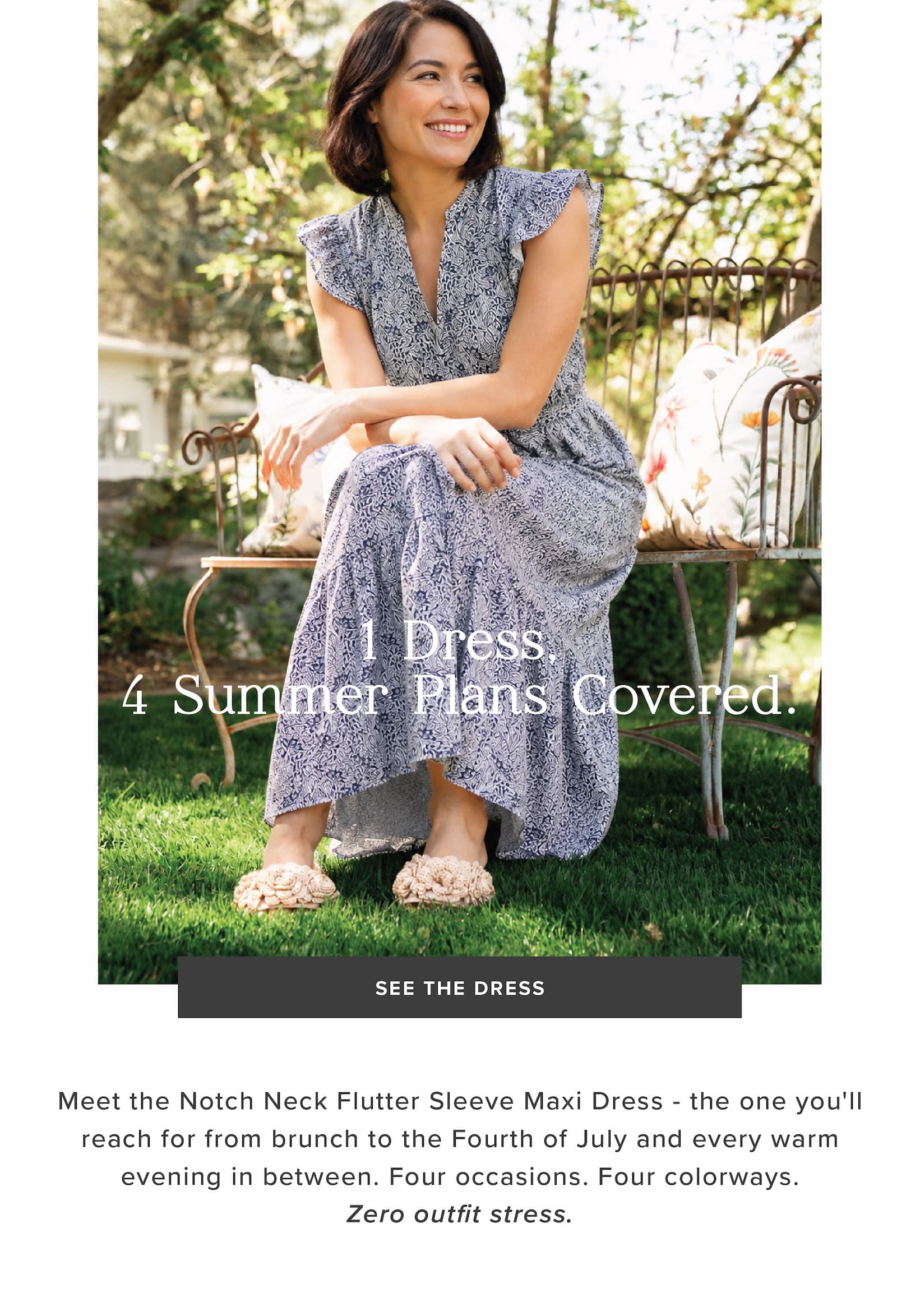 Notch Neck Flutter Sleeve Maxi Dress