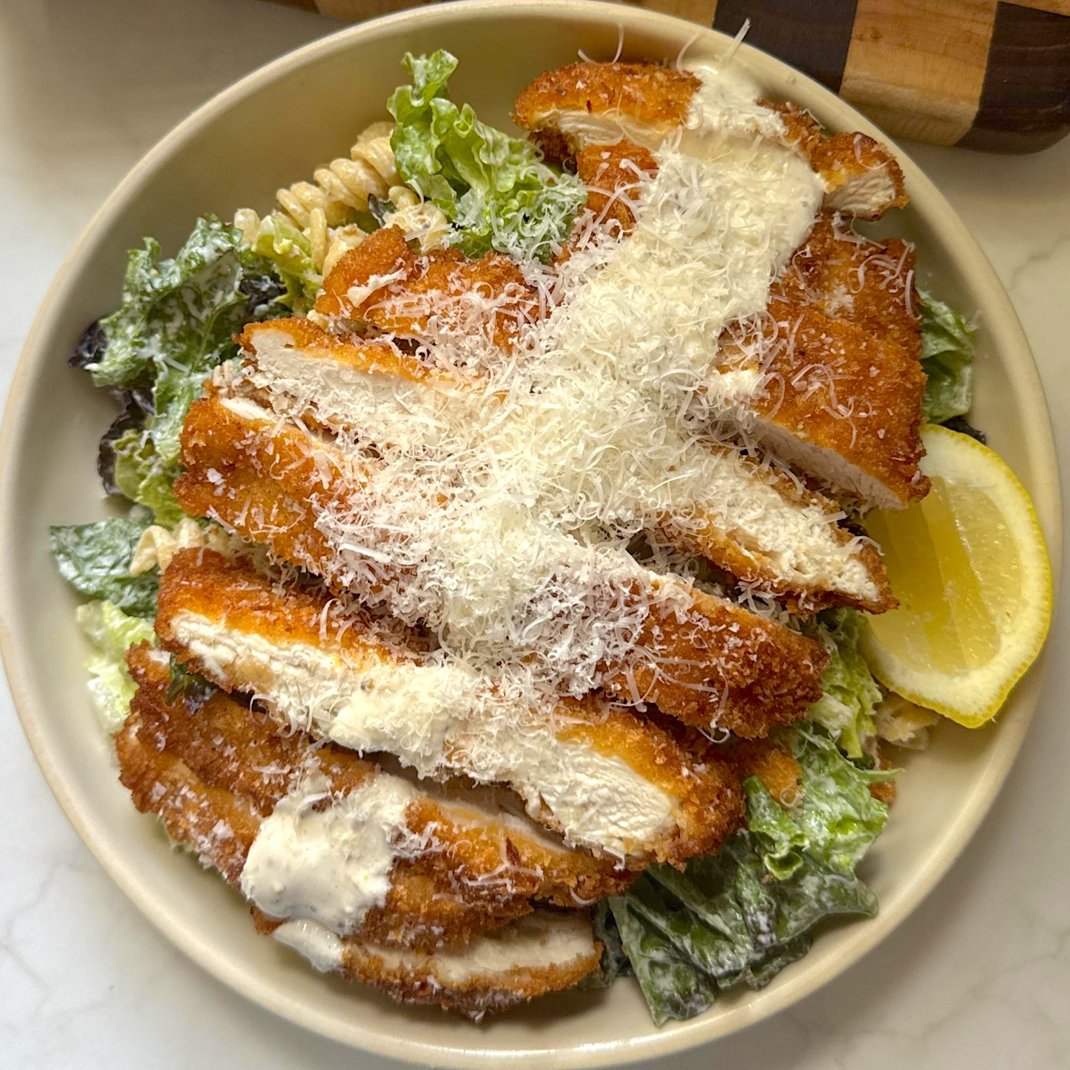 Caesar Pasta Salad With Fried Chicken