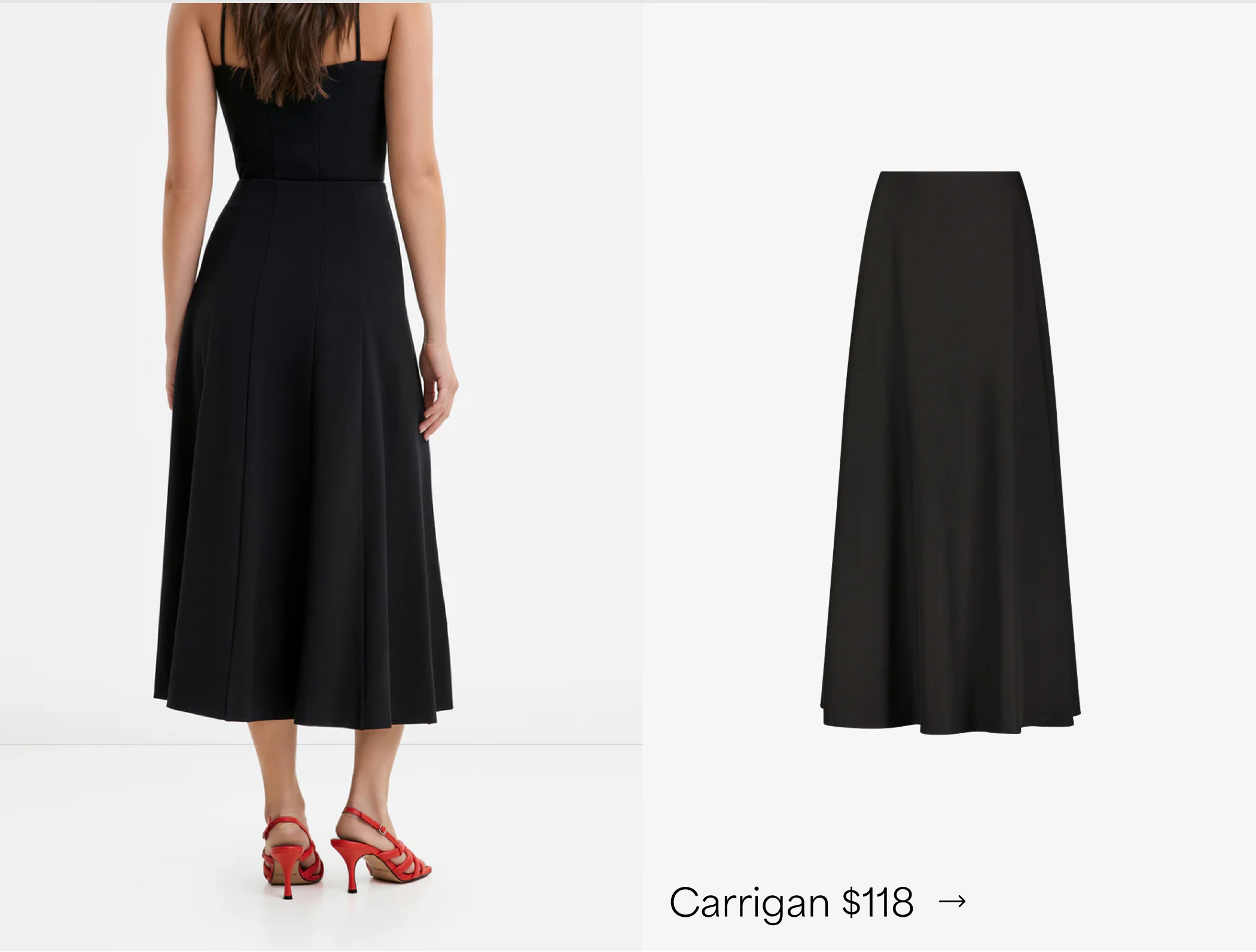 Back view of The Carrigan Skirt on Yada alongside a product image, labeled “Carrigan $118.”