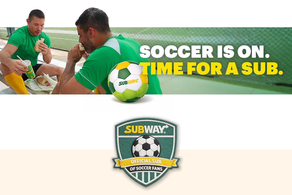 Promotional email for Subway® soccer-themed offers. Headline reads “Fuel your fandom with fresh-made favorites.” Text includes “Time for a sub” and a “Plan my party” button. An additional section promotes a limited-time deal, including a $6.99 footlong. Imagery shows subs, Lay’s chips, Pepsi beverages, and a group setting. A catering section highlights options for larger groups with assorted drinks and sandwiches, with call-to-action buttons including “Order now” and “Feed my squad.”