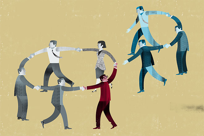 Artwork of a ring of people holding hands as another section of linked people tries to join the circle.