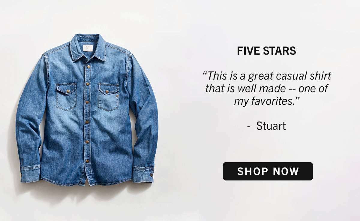 Model wears Shoals Denim Shirt in Light Indigo