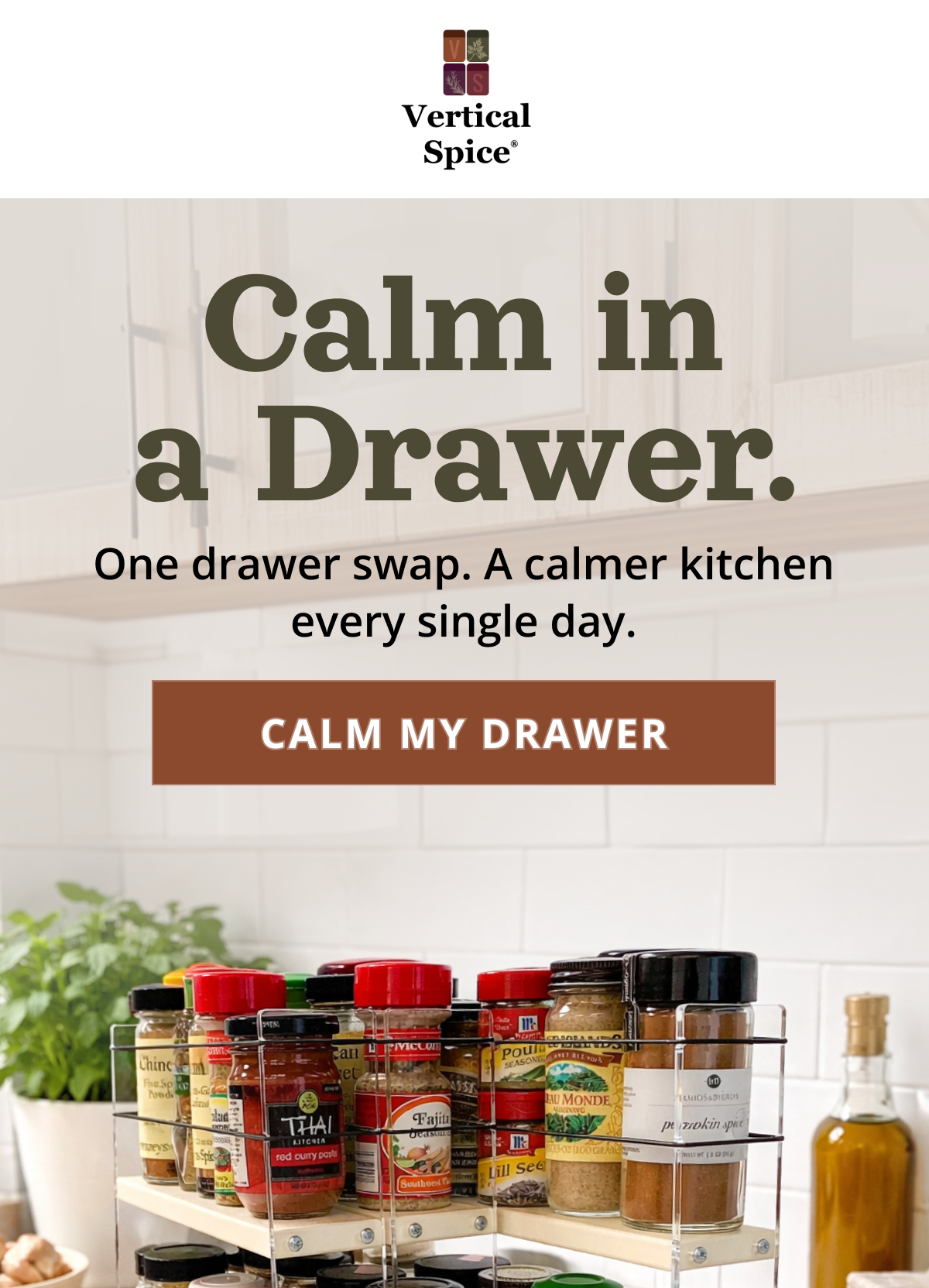 Pull-out spice rack drawer organizer with neatly arranged spice jars in a clean modern kitchen