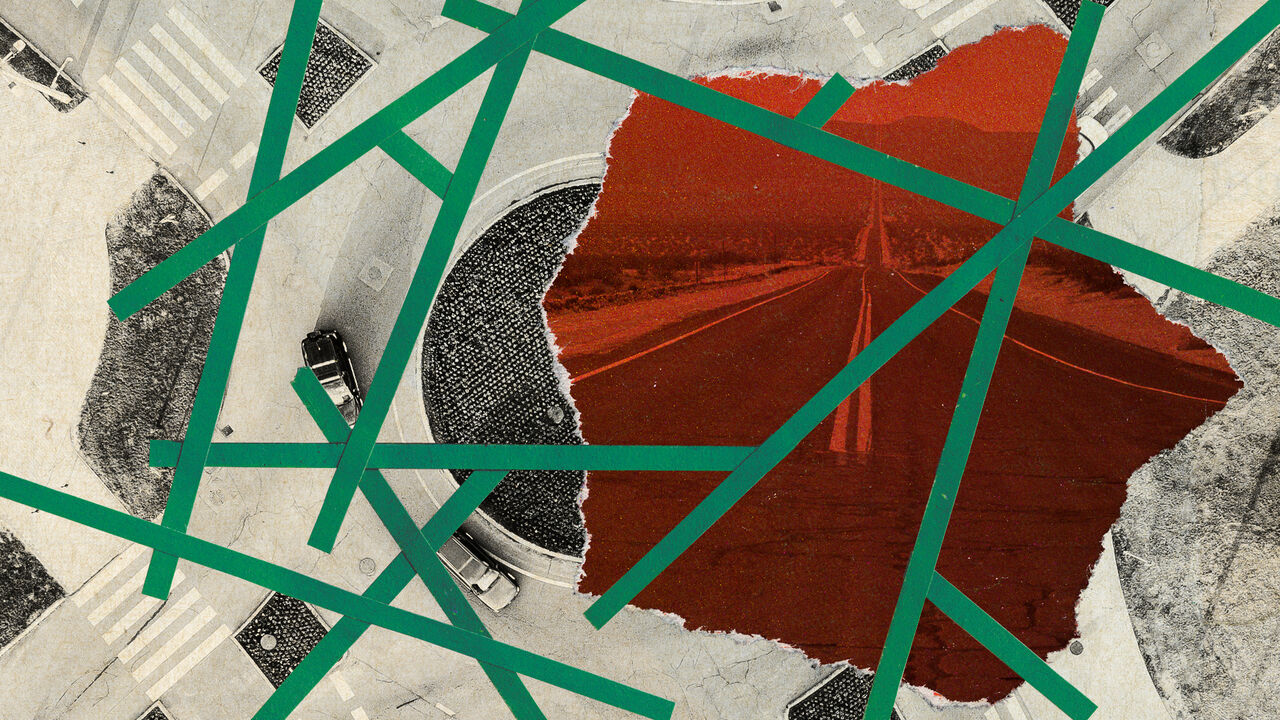 A collage of a roundabout with a road on top of it, on red paper.