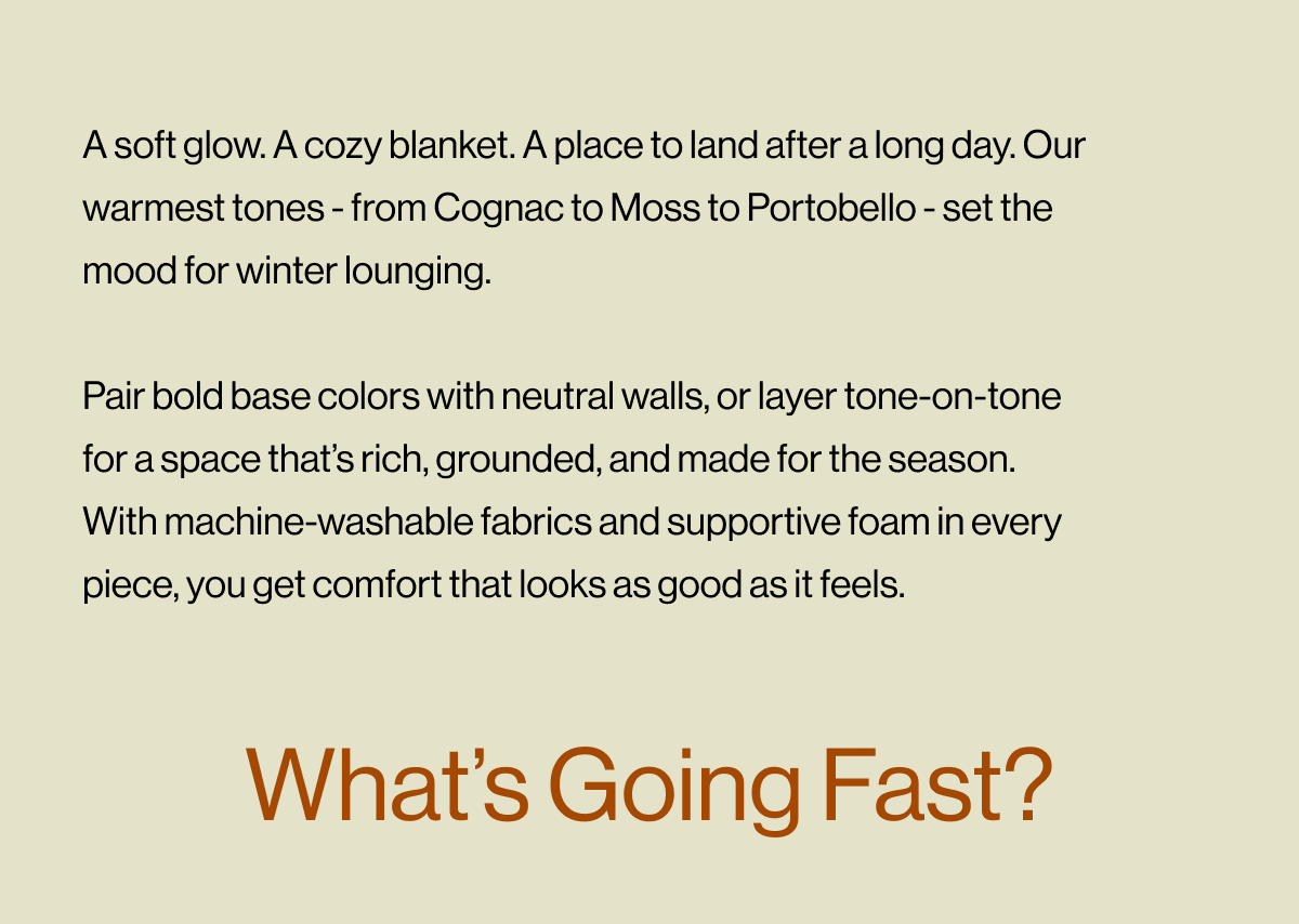 A soft glow. A cozy blanket. A place to land after a long day. Our warmest tones - from Cognac to Moss to Portobello - set the mood for winter lounging.  Pair bold base colors with neutral walls, or layer tone-on-tone for a space that’s rich, grounded, and made for the season. With machine-washable fabrics and supportive foam in every piece, you get comfort that looks as good as it feels.