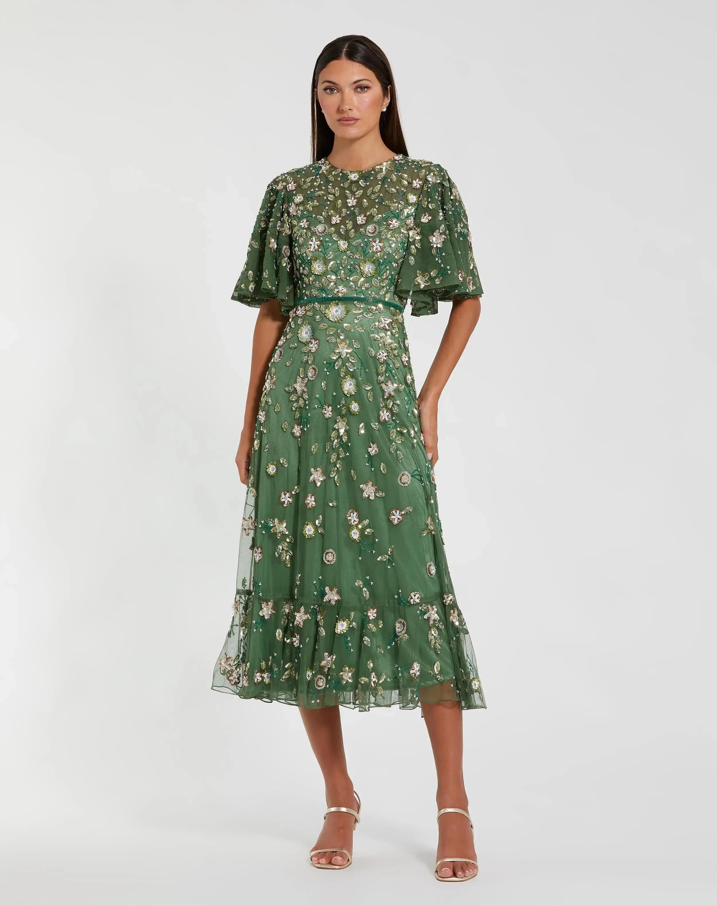 Image of Green Floral Embellished Flutter Sleeve Midi Dress