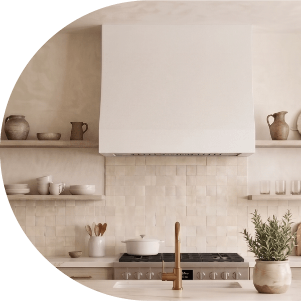 Kitchen with hood and floating shelves