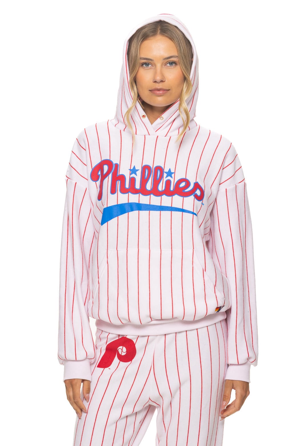 Image of PHILADELPHIA PHILLIES PINSTRIPE 2026 RELAXED PULLOVER HOODIE - WHITE // RED