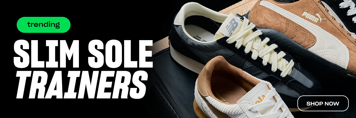An image of different styles of Slim Sole Trainers from Gola, New Balance and PUMA alongside the text 'Trending. Slim Sole Trainers. Shop Now'