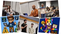 collage of photos of people speaking at workshop and computerized illustrations of a man in a hoodie holding a laptop and a rainbow cat holding a coin