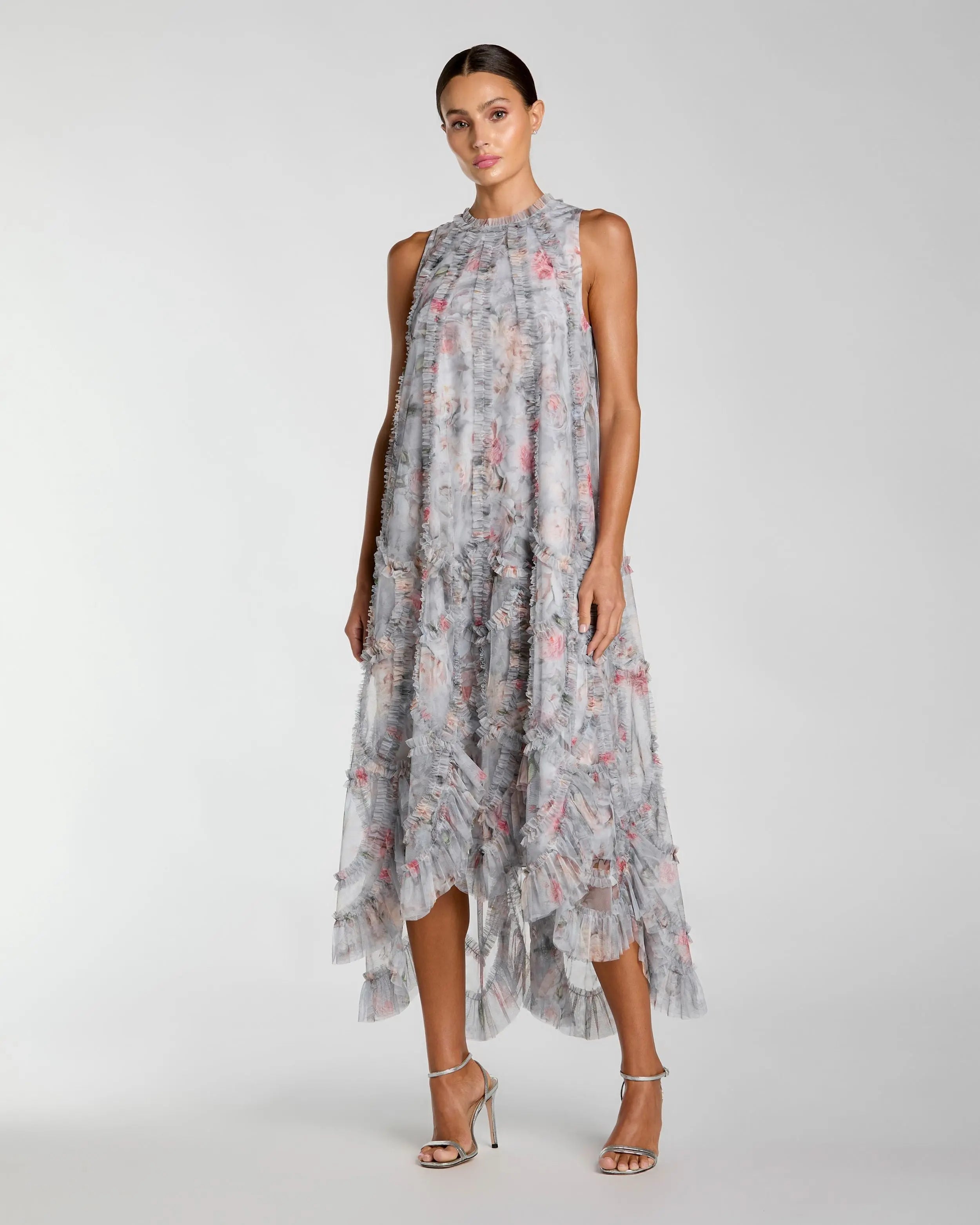Image of Gray Floral Ruffle High Neck Midi Dress