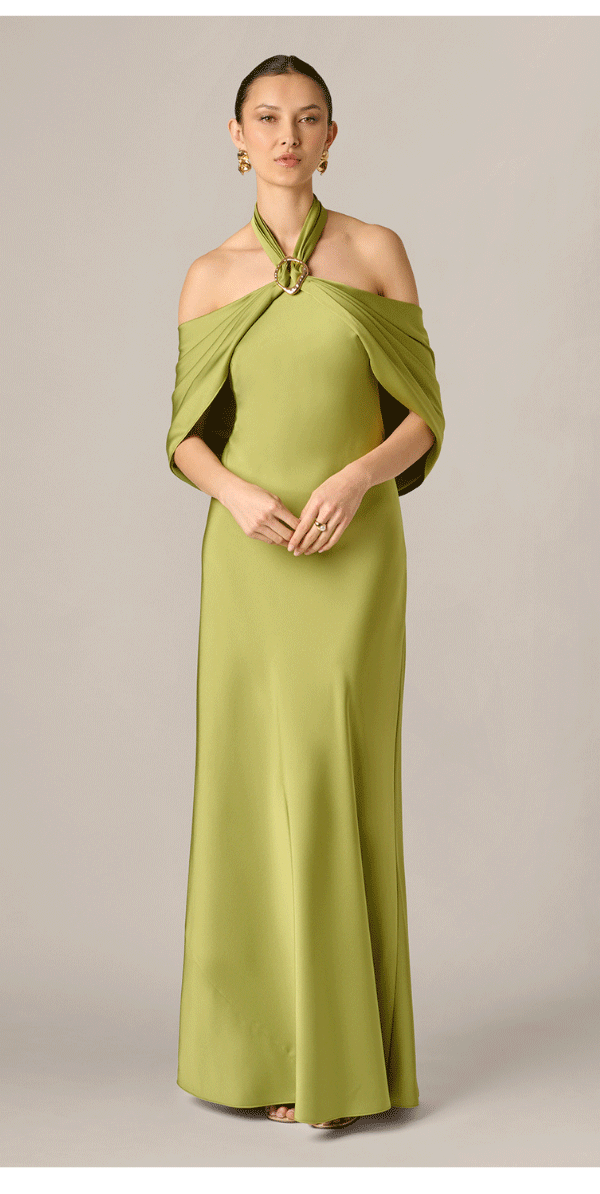 Satin Draped Shawl Halter Gown In Fern
