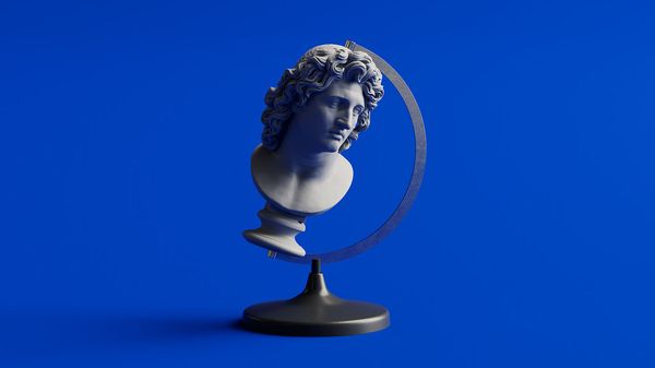 Bust of Alexander the Great inside a circular globe frame on a blue background
