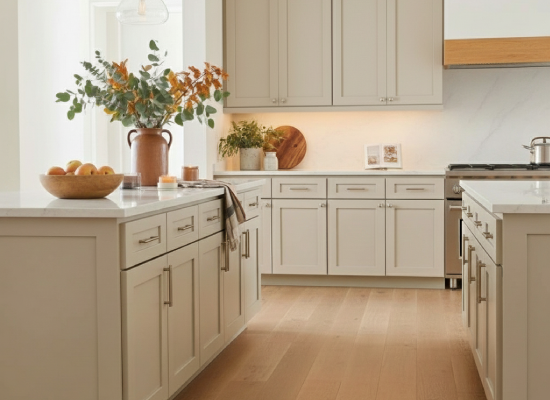 Kitchen with warm, sand colored cabinets