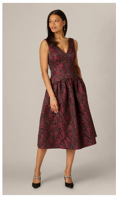 Drop Waist Floral Jacquard Midi Dress In Burgundy