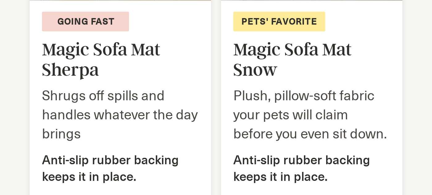 Product comparison cards: Magic Sofa Mat Sherpa (Going Fast) and Magic Sofa Mat Snow (Pets' Favorite) with features.