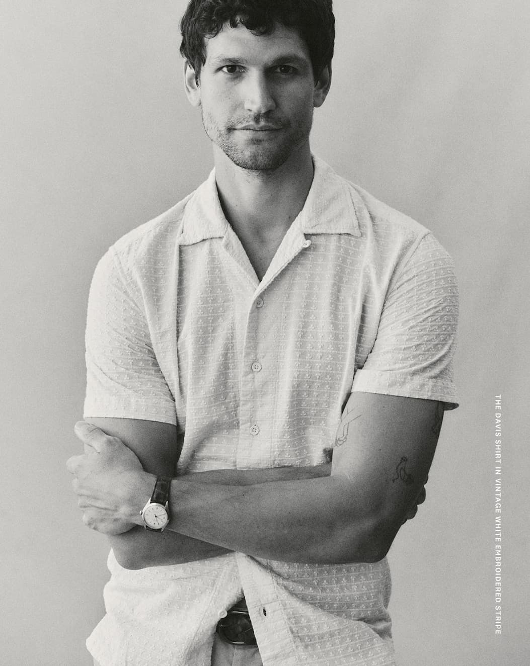 The Davis Shirt in Vintage White Embroidered Stripe. 