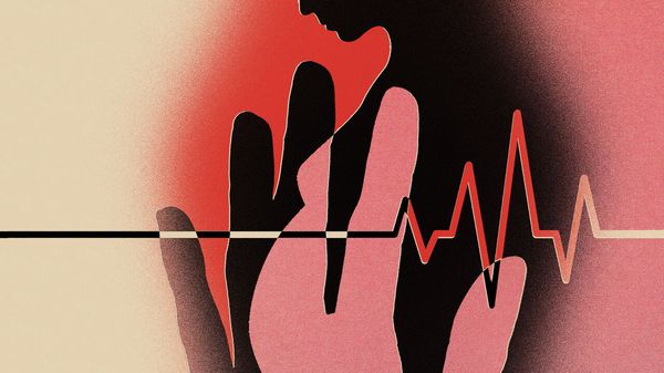 Illustration depicting a person with a hand over their chest alongside an electrocardiogram (ECG) line. It symbolizes heart health, cardiac monitoring, or awareness of cardiovascular conditions. The dramatic red and black tones suggest urgency