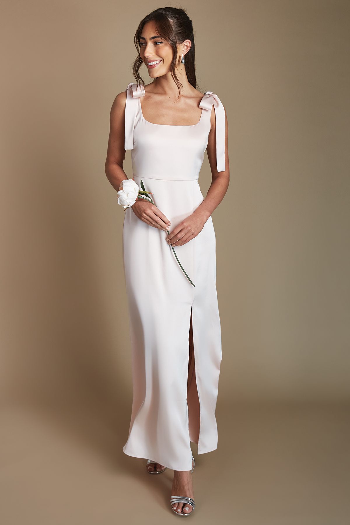 Blush Satin Tie Shoulder Midi Bridesmaid Dress